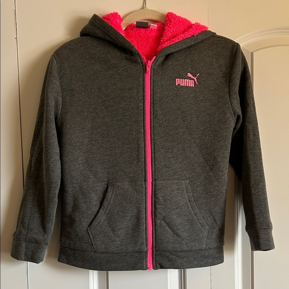 PUMA Girls size 10/12 Charcoal and Neon Pink Zip-Up Hoodie